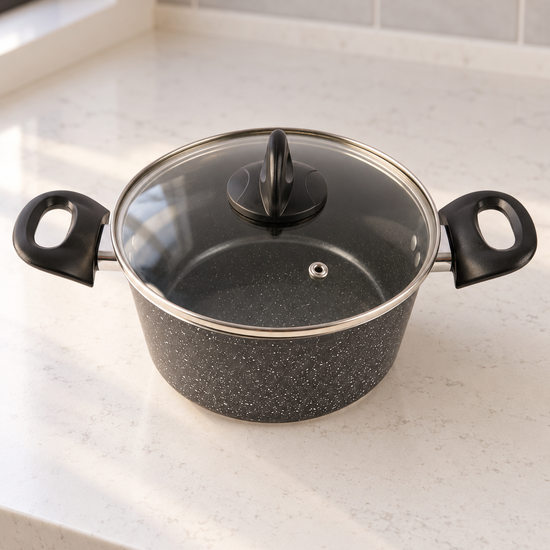 T&CO 22cm non-stick granite casserole pot in speckled black with stay-cool handles and vented tempered glass lid