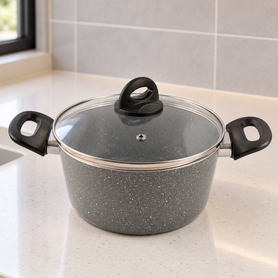 T&CO 22cm non-stick granite casserole pot in speckled grey with dual stay-cool handles and vented tempered glass lid