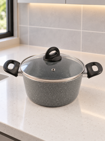 T&CO 22cm non-stick granite casserole pot in speckled grey with dual stay-cool handles and vented tempered glass lid
