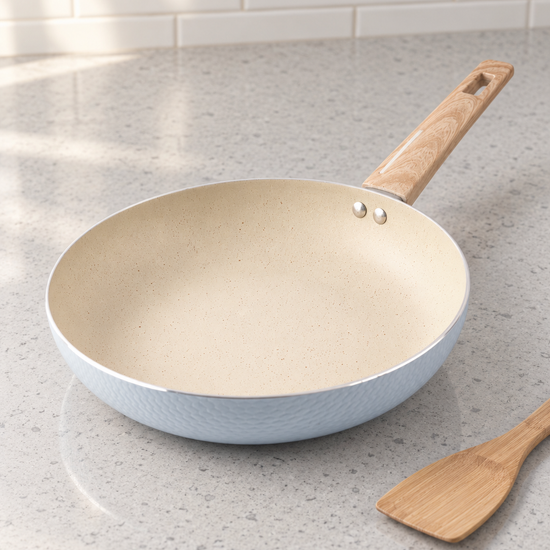 T&CO 28cm hammered ceramic non-stick frying pan skillet in baby blue with wood-grain stay-cool handle and wooden spatula