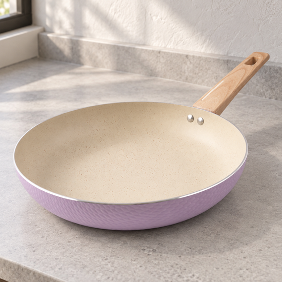 T&CO 28cm hammered ceramic non-stick frying pan skillet in pastel lavender purple with wood-grain stay-cool handle
