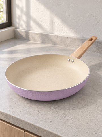 T&CO 28cm hammered ceramic non-stick frying pan skillet in pastel lavender purple with wood-grain stay-cool handle