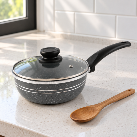 T&CO 20cm deep non-stick granite sauce pan with grooved exterior, vented glass lid, and stay-cool handle with wooden spoon