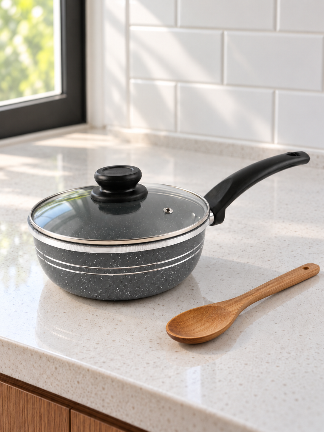 T&CO 20cm deep non-stick granite sauce pan with grooved exterior, vented glass lid, and stay-cool handle with wooden spoon