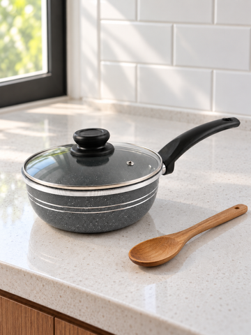 T&CO 20cm deep non-stick granite sauce pan with grooved exterior, vented glass lid, and stay-cool handle with wooden spoon