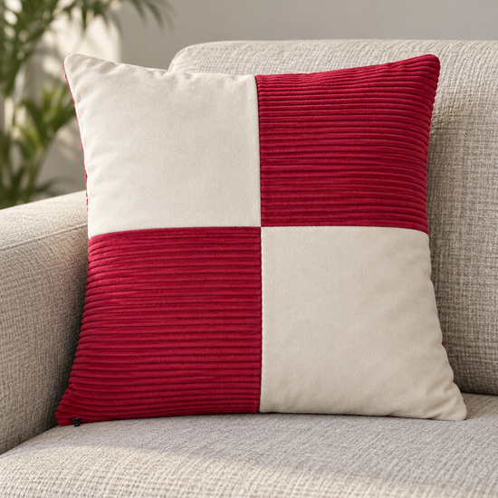 T&CO luxury 4-quadrant checkerboard corduroy and faux suede cushion cover 41x41cm in rich maroon and soft cream