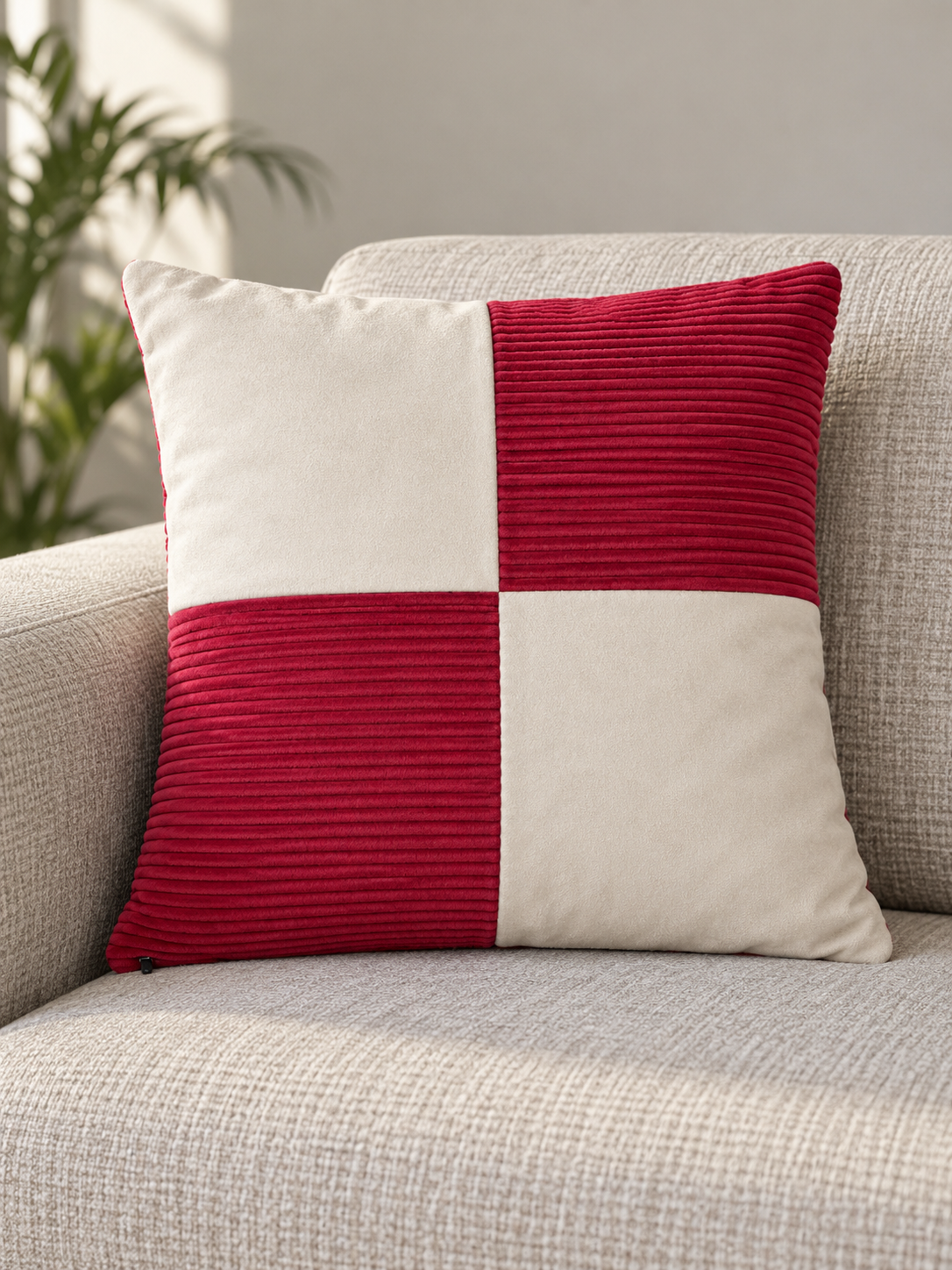 T&CO luxury 4-quadrant checkerboard corduroy and faux suede cushion cover 41x41cm in rich maroon and soft cream
