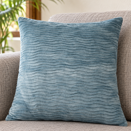 T&CO textured ribbed wave plush velvet cushion cover 43x44cm in sophisticated slate ocean blue
