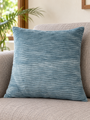 T&CO textured ribbed wave plush velvet cushion cover 43x44cm in sophisticated slate ocean blue