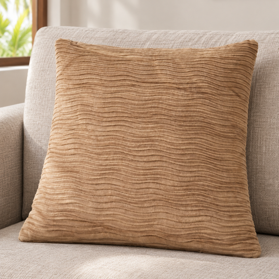 T&CO textured ribbed wave plush velvet cushion cover 43x44cm in warm camel sand beige