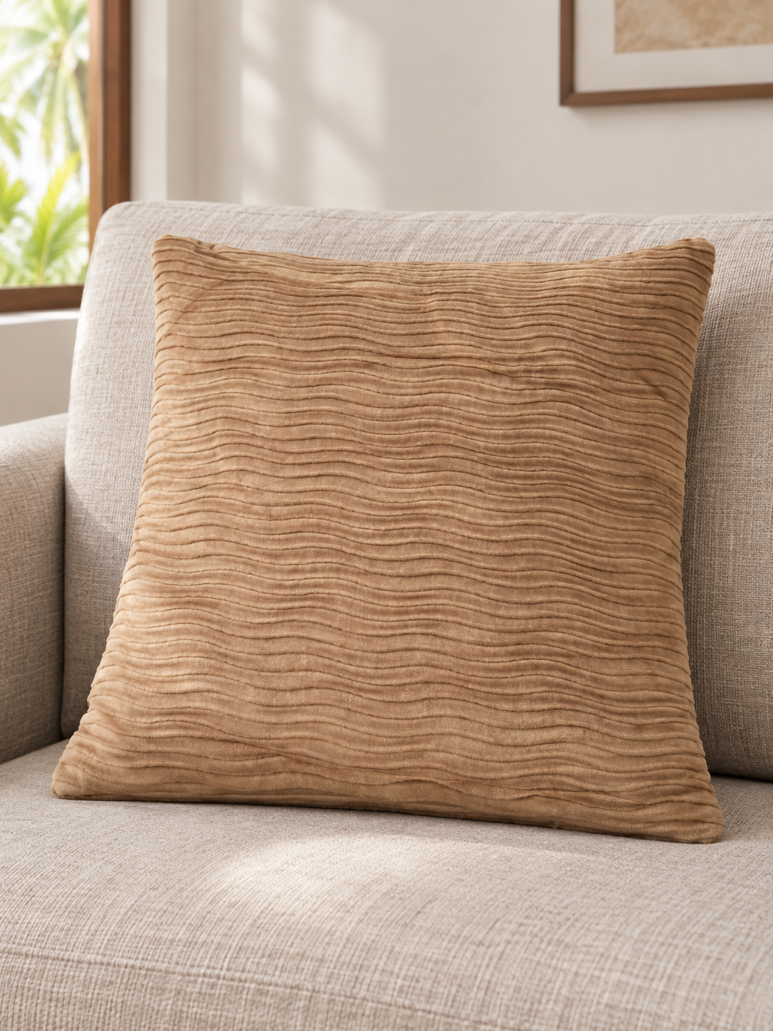 T&CO textured ribbed wave plush velvet cushion cover 43x44cm in warm camel sand beige