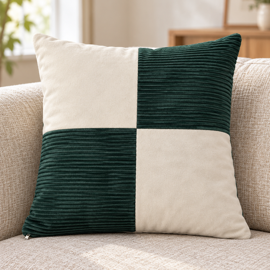 T&CO luxury 4-quadrant checkerboard corduroy and faux suede cushion cover 41x41cm in rich forest green and soft cream