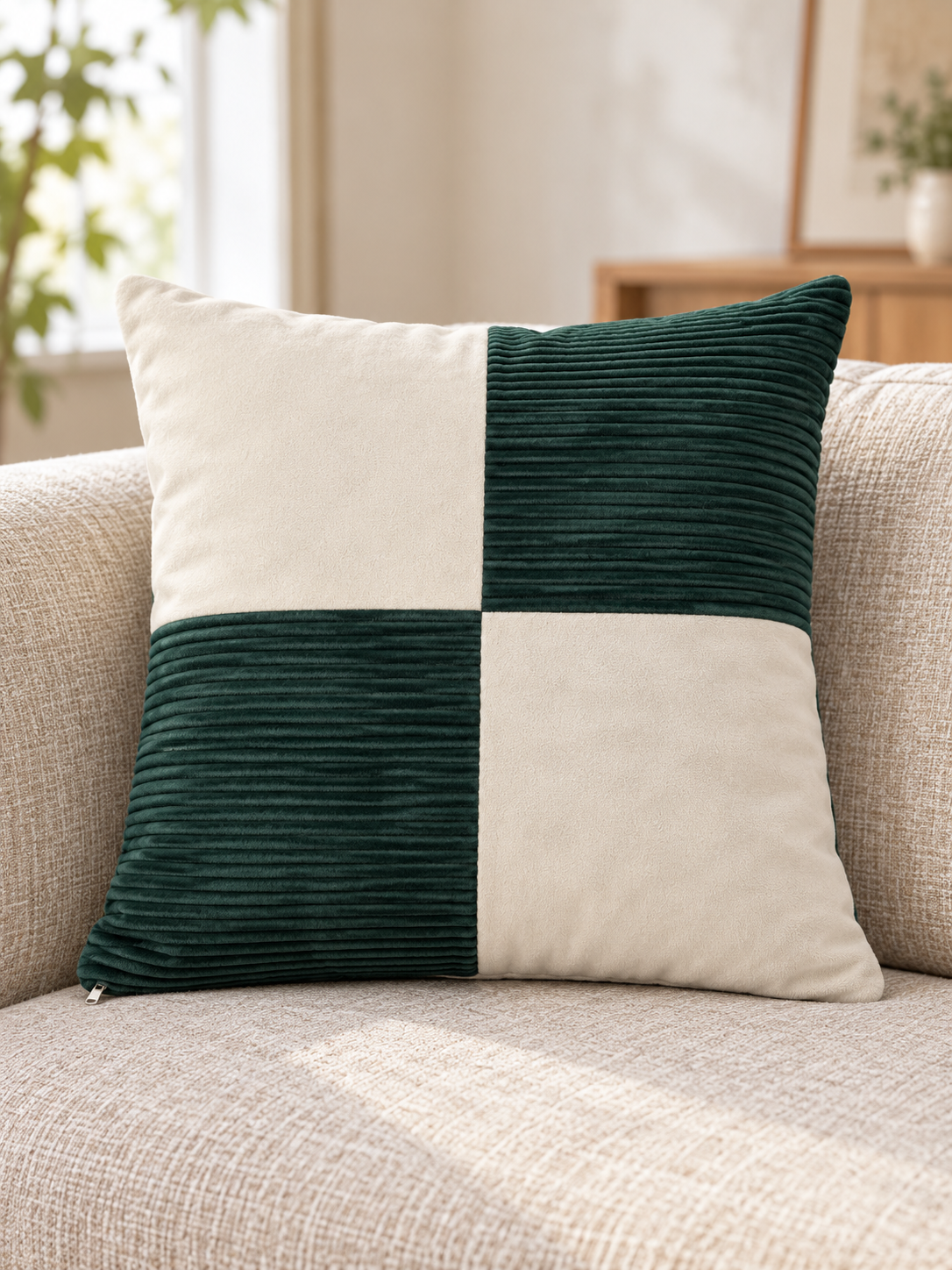 T&CO luxury 4-quadrant checkerboard corduroy and faux suede cushion cover 41x41cm in rich forest green and soft cream