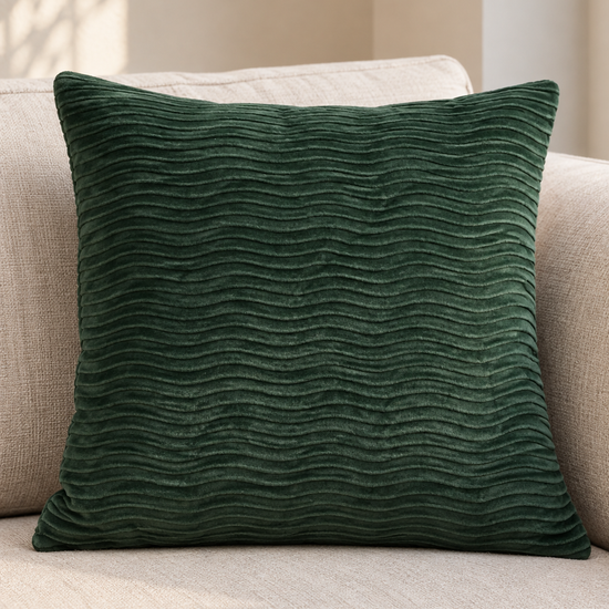 T&CO textured ribbed wave plush velvet cushion cover 43x44cm in luxurious deep forest emerald green