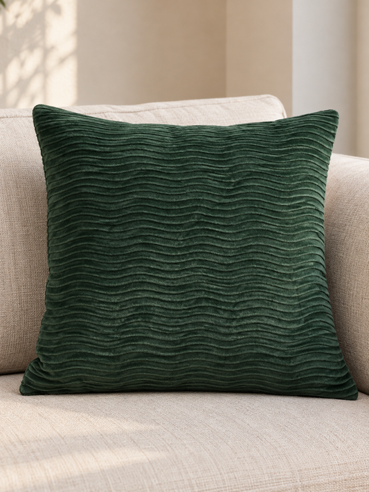 T&CO textured ribbed wave plush velvet cushion cover 43x44cm in luxurious deep forest emerald green