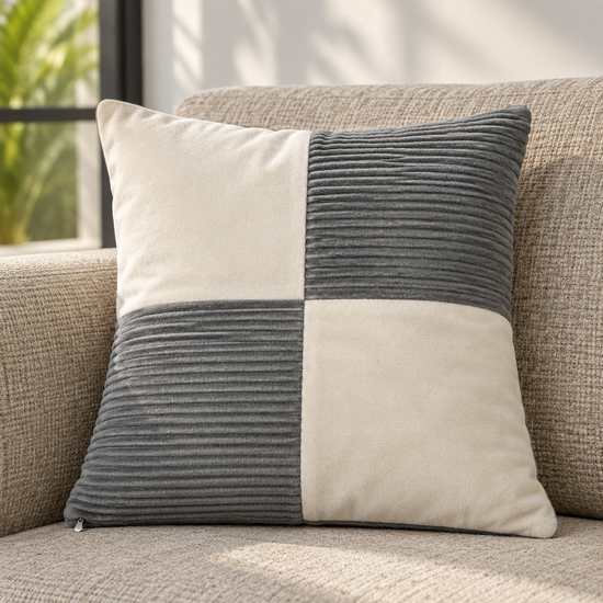 T&CO luxury 4-quadrant checkerboard corduroy and faux suede cushion cover 41x41cm in charcoal grey and soft cream