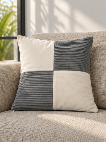 T&CO luxury 4-quadrant checkerboard corduroy and faux suede cushion cover 41x41cm in charcoal grey and soft cream