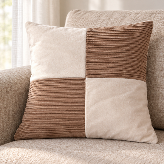T&CO luxury 4-quadrant checkerboard corduroy and faux suede cushion cover 41x41cm in warm beige and soft cream