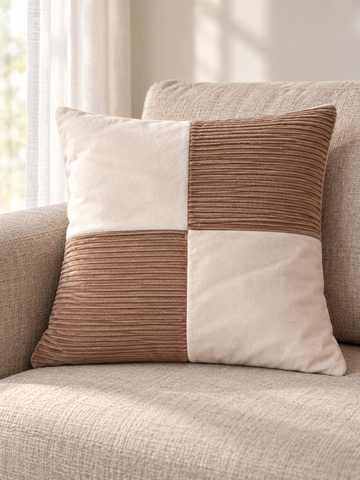 T&CO luxury 4-quadrant checkerboard corduroy and faux suede cushion cover 41x41cm in warm beige and soft cream