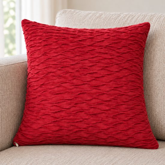 T&CO crushed ripple textured plush velvet cushion cover 43x45cm in rich crimson maroon red