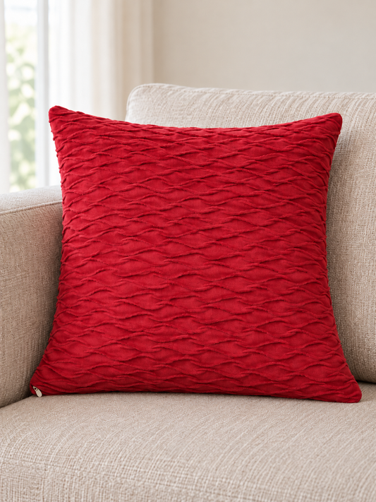 T&CO crushed ripple textured plush velvet cushion cover 43x45cm in rich crimson maroon red