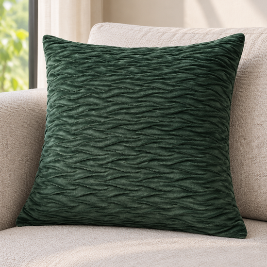 T&CO crushed ripple textured plush velvet cushion cover 43x45cm in deep emerald forest green