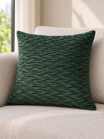 T&CO crushed ripple textured plush velvet cushion cover 43x45cm in deep emerald forest green
