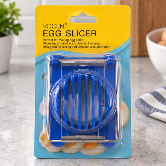VOCEN manual stainless steel wire boiled egg and mushroom slicer with royal blue cradle frame in retail pack