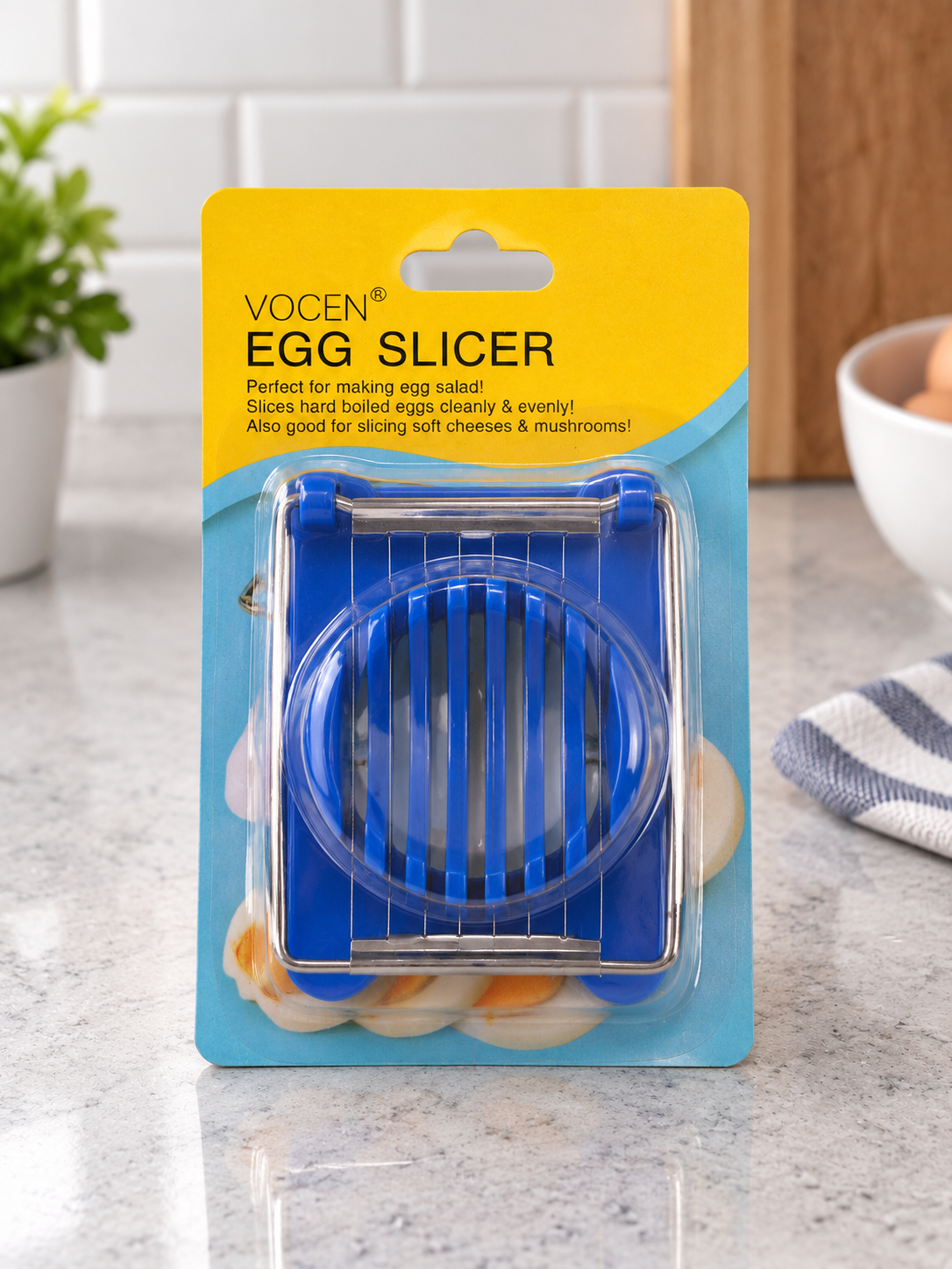 VOCEN manual stainless steel wire boiled egg and mushroom slicer with royal blue cradle frame in retail pack