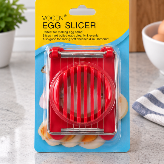VOCEN manual stainless steel wire boiled egg and mushroom slicer with crimson red food-grade frame in retail packaging