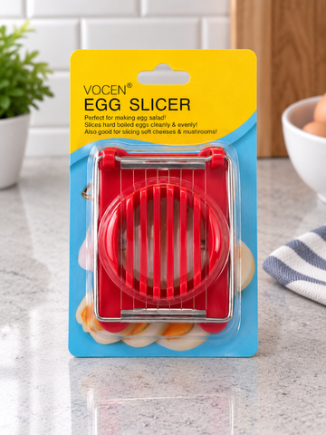 VOCEN manual stainless steel wire boiled egg and mushroom slicer with crimson red food-grade frame in retail packaging