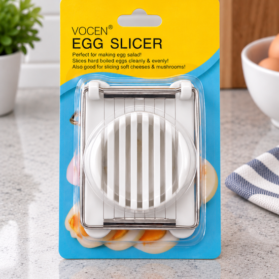 VOCEN manual stainless steel wire boiled egg and mushroom slicer with classic white food-grade frame in retail packaging
