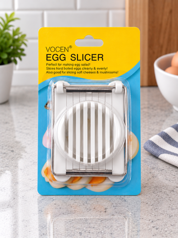 VOCEN manual stainless steel wire boiled egg and mushroom slicer with classic white food-grade frame in retail packaging