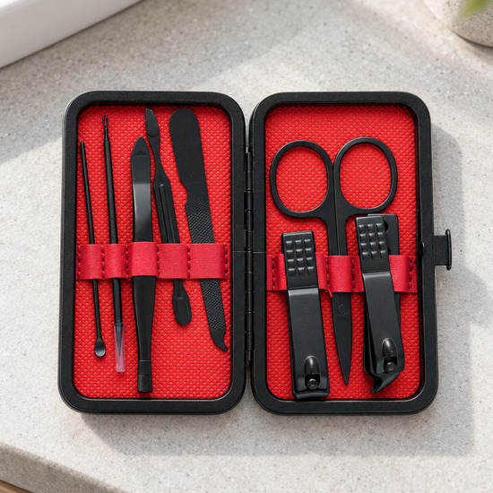 7-piece matte black manicure set in red interior and black hard snap travel case