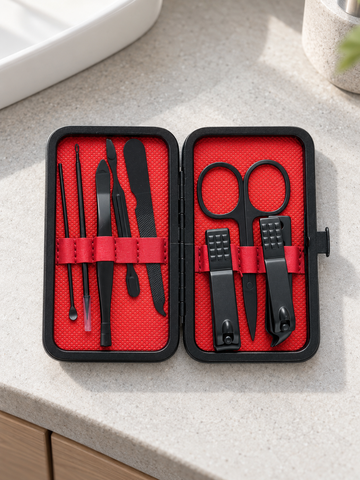 7-piece matte black manicure set in red interior and black hard snap travel case