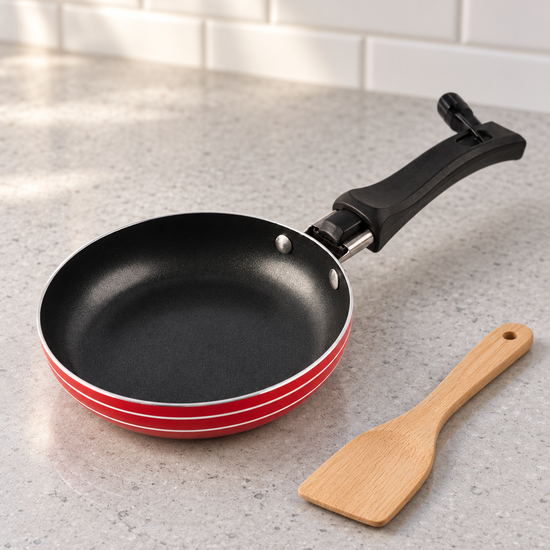 T&CO mini non-stick 12cm single egg and pancake frying pan skillet in metallic cherry red with mini wooden spatula