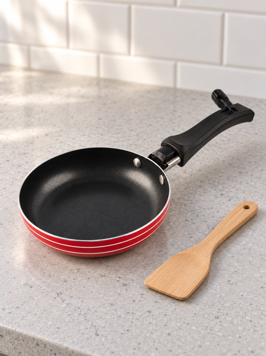 T&CO mini non-stick 12cm single egg and pancake frying pan skillet in metallic cherry red with mini wooden spatula
