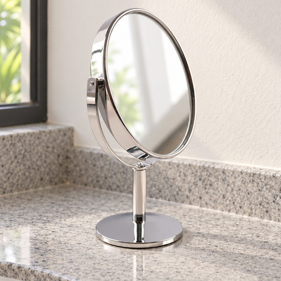 T&CO double-sided 360-degree swivel tabletop pedestal vanity makeup mirror in high-polish chrome silver finish