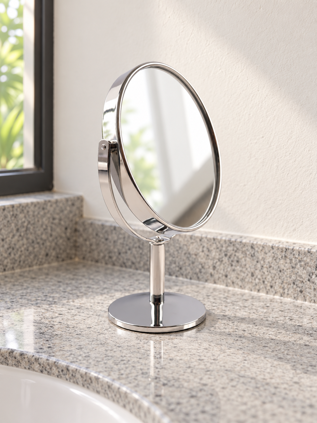 T&CO double-sided 360-degree swivel tabletop pedestal vanity makeup mirror in high-polish chrome silver finish