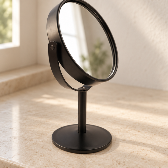 T&CO double-sided 360-degree swivel tabletop pedestal vanity makeup mirror in modern matte black finish