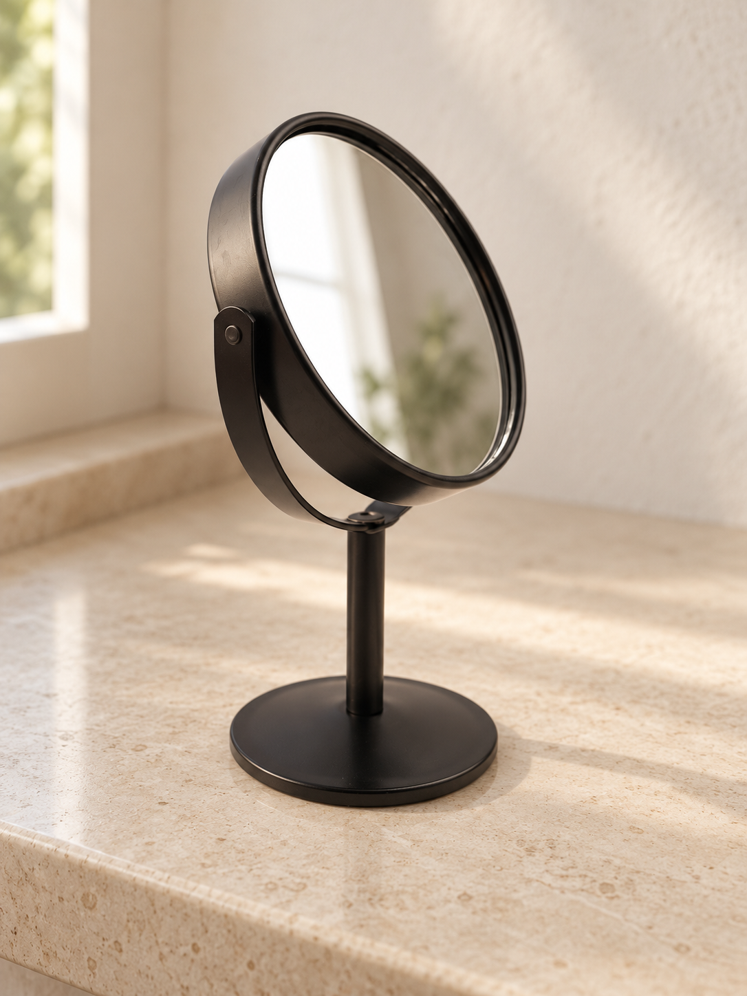 T&CO double-sided 360-degree swivel tabletop pedestal vanity makeup mirror in modern matte black finish