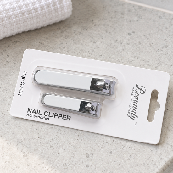 Beauuuty 2-piece stainless steel nail clipper set with white handles blister pack