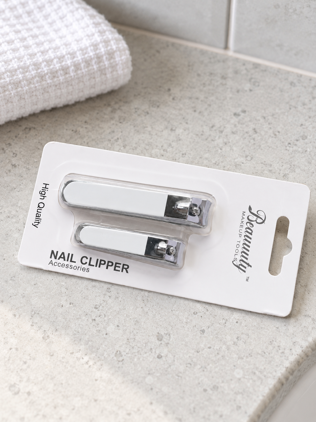 Beauuuty 2-piece stainless steel nail clipper set with white handles blister pack