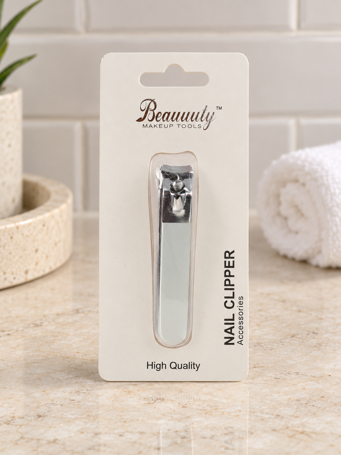 Beauuuty 8 cm stainless steel nail clipper with white handle blister pack card
