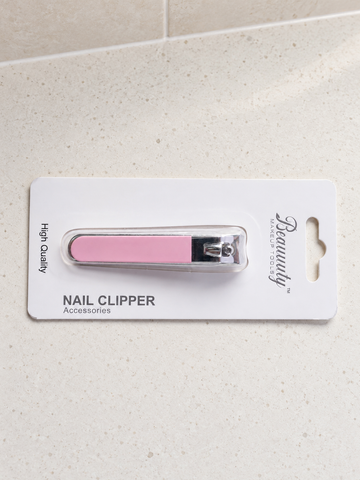 Beauuuty 8 cm stainless steel nail clipper with pastel pink handle blister pack card