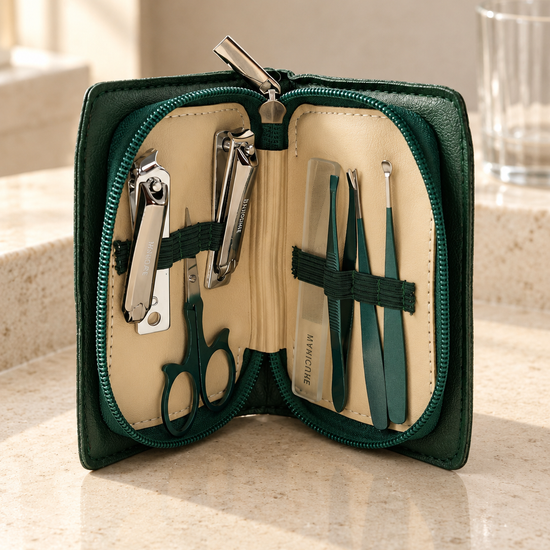 6-piece travel manicure and grooming kit in deep green faux-leather zippered case
