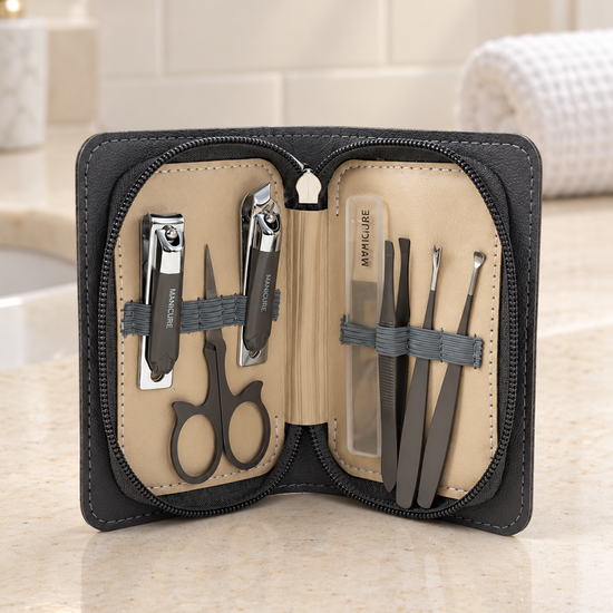 6-Piece Travel Manicure and Grooming Kit in Charcoal Black Zipper Case by Thilakma Sri Lanka
