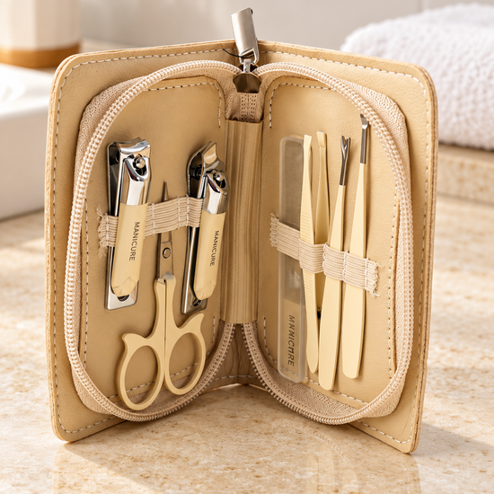 6-Piece Travel Manicure and Grooming Kit in Cream Beige Zipper Case by Thilakma Sri Lanka
