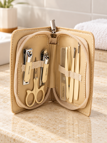 6-Piece Travel Manicure and Grooming Kit in Cream Beige Zipper Case by Thilakma Sri Lanka