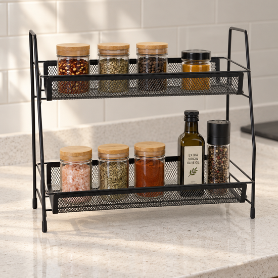 T&CO 2-tier modern black metal wire mesh countertop spice rack and kitchen organizer shelf holding spice jars and condiments